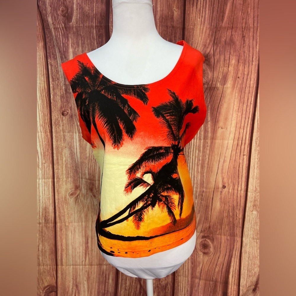 Catalina orange yellow black palm tree print cotton tank top size L 12/14